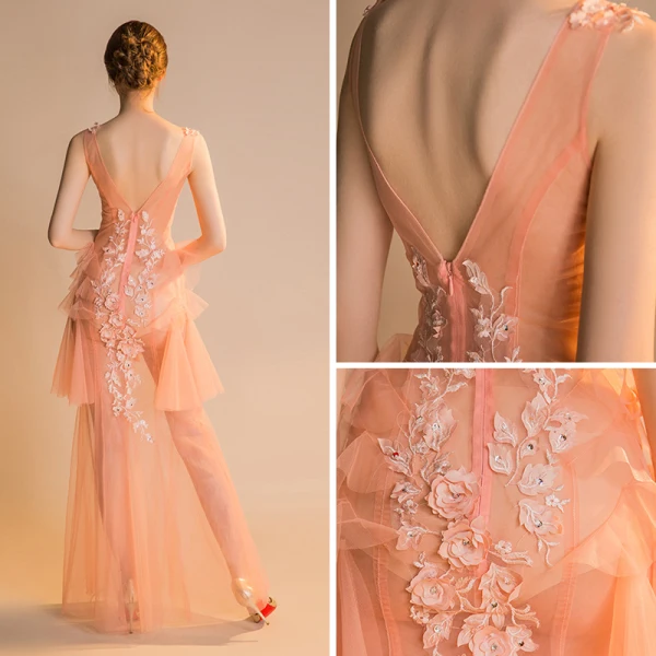 Sexy Orange See-through Summer Evening Dresses 2018 Trumpet / Mermaid V-Neck Sleeveless Appliques Flower Sequins Beading Floor-Length / Long Ruffle Backless Formal Dresses