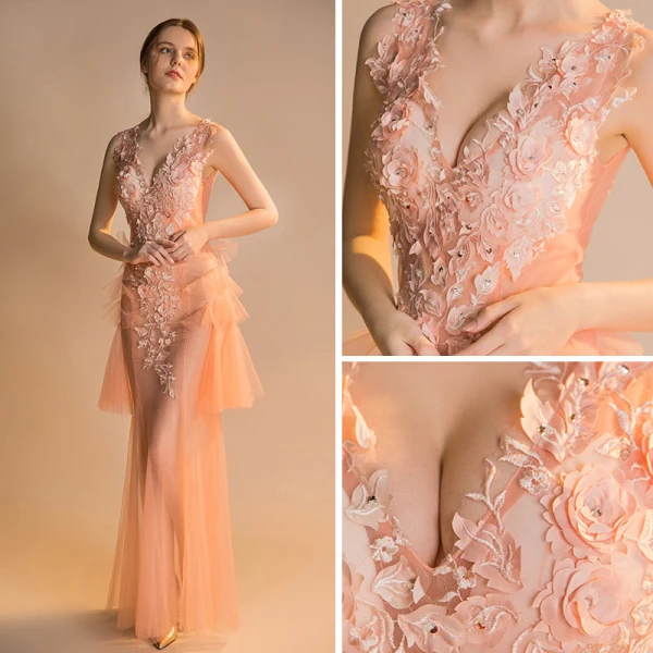 Sexy Orange See-through Summer Evening Dresses 2018 Trumpet / Mermaid V-Neck Sleeveless Appliques Flower Sequins Beading Floor-Length / Long Ruffle Backless Formal Dresses