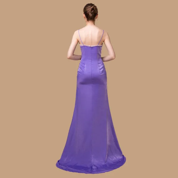 Elegante Violett Wildleder Abendkleider 2018 Meerjungfrau Ärmellos Spaghettiträger Sweep / Pinsel Zug Rüschen Rückenfreies Festliche Kleider