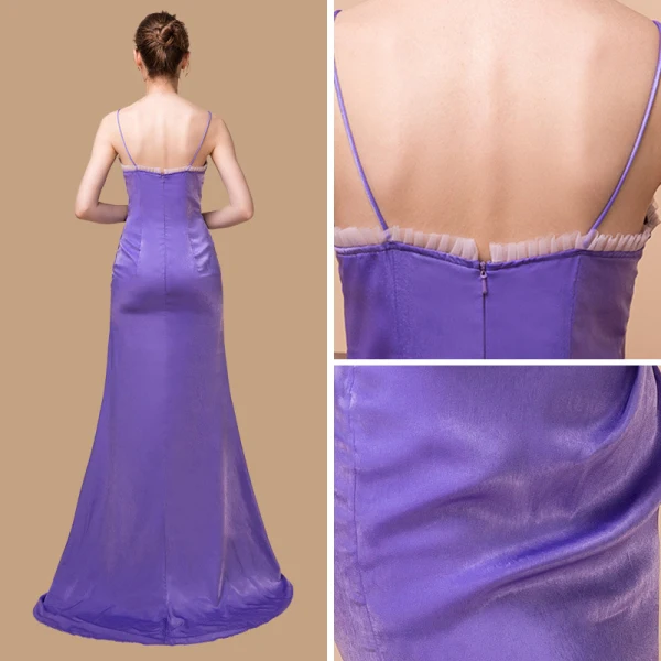 Elegante Violett Wildleder Abendkleider 2018 Meerjungfrau Ärmellos Spaghettiträger Sweep / Pinsel Zug Rüschen Rückenfreies Festliche Kleider