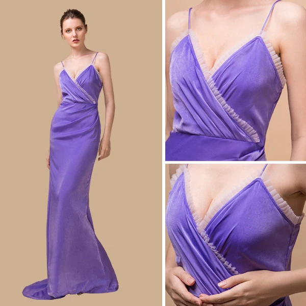 Elegante Violett Wildleder Abendkleider 2018 Meerjungfrau Ärmellos Spaghettiträger Sweep / Pinsel Zug Rüschen Rückenfreies Festliche Kleider