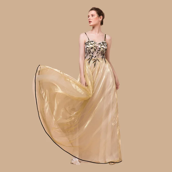 Élégant Doré Organza Robe De Soirée 2018 Princesse Sans Manches Bretelles Spaghetti Appliques En Dentelle Perlage Longue Volants Dos Nu Robe De Ceremonie