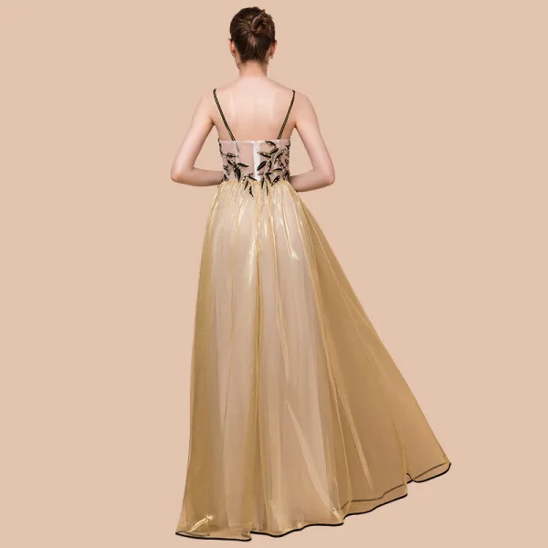 Élégant Doré Organza Robe De Soirée 2018 Princesse Sans Manches Bretelles Spaghetti Appliques En Dentelle Perlage Longue Volants Dos Nu Robe De Ceremonie