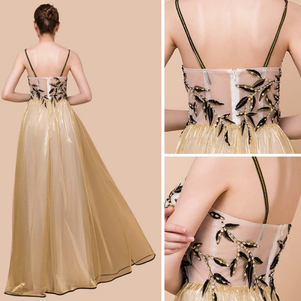 Élégant Doré Organza Robe De Soirée 2018 Princesse Sans Manches Bretelles Spaghetti Appliques En Dentelle Perlage Longue Volants Dos Nu Robe De Ceremonie