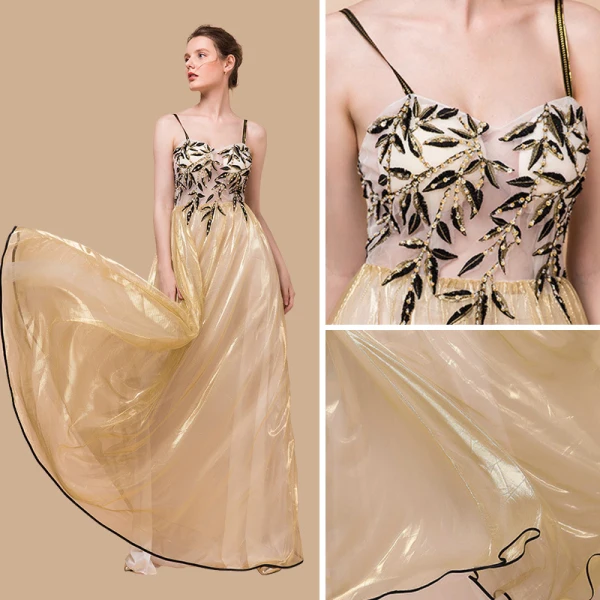 Élégant Doré Organza Robe De Soirée 2018 Princesse Sans Manches Bretelles Spaghetti Appliques En Dentelle Perlage Longue Volants Dos Nu Robe De Ceremonie