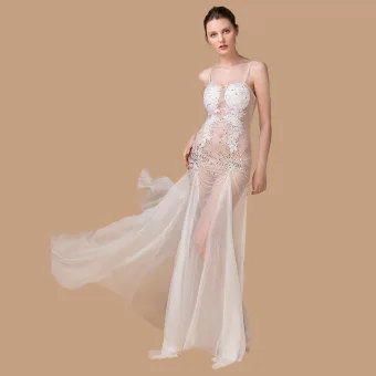 Sexy Ivoire Transparentes Été Robe De Soirée 2018 Gaine Ajustement Sans Manches Bretelles Spaghetti Paillettes Perlage Longue Volants Dos Nu Robe De Ceremonie