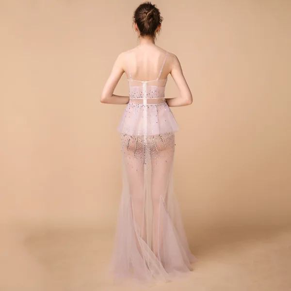 Sexy Lavendel Durchsichtige Sommer Abendkleider 2018 Meerjungfrau Ärmellos Spaghettiträger Pailletten Perlenstickerei Strass Lange Rüschen Rückenfreies Festliche Kleider