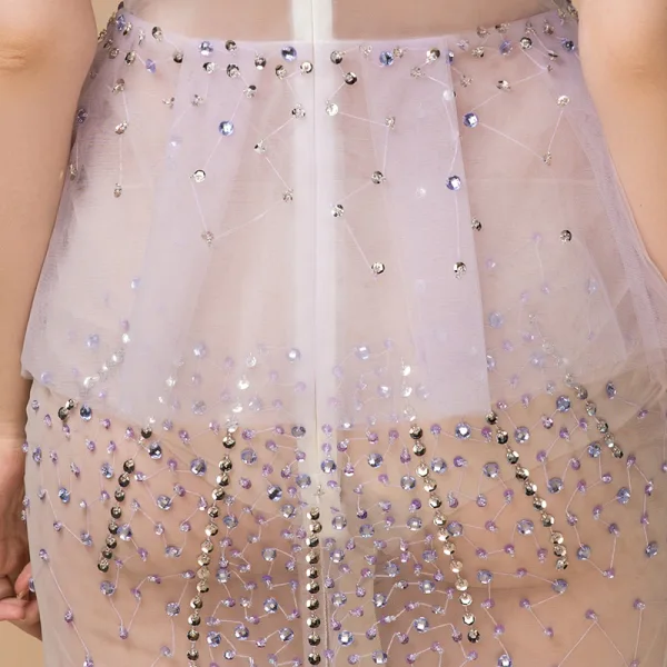 Sexy Lavendel Durchsichtige Sommer Abendkleider 2018 Meerjungfrau Ärmellos Spaghettiträger Pailletten Perlenstickerei Strass Lange Rüschen Rückenfreies Festliche Kleider