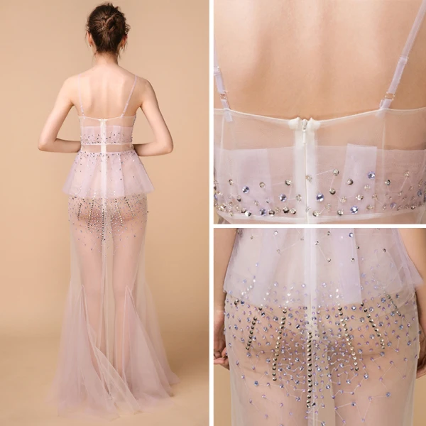 Sexy Lavendel Durchsichtige Sommer Abendkleider 2018 Meerjungfrau Ärmellos Spaghettiträger Pailletten Perlenstickerei Strass Lange Rüschen Rückenfreies Festliche Kleider