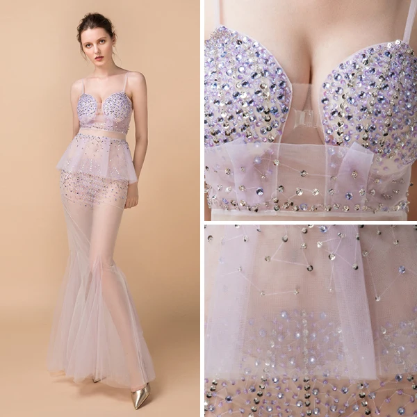 Sexy Lavendel Durchsichtige Sommer Abendkleider 2018 Meerjungfrau Ärmellos Spaghettiträger Pailletten Perlenstickerei Strass Lange Rüschen Rückenfreies Festliche Kleider