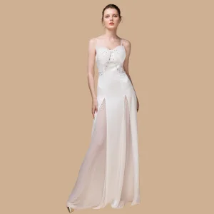 Sexy Ivory See Through Evening Dresses 2018 Sheath Fit Sleeveless Spaghetti Straps Bow Beading Floor Length Long Ruffle Backless Formal Dresses