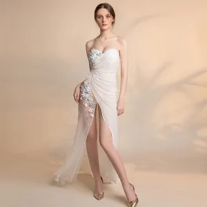 Sexy Elfenben Gjennomsiktig Chiffon Selskapskjoler 2018 Trompet Havfrue Kjæreste Uten Ermer Appliques Blomst Perle Beading Fendue Devant Feie Tog Buste Ryggløse Formelle Kjoler