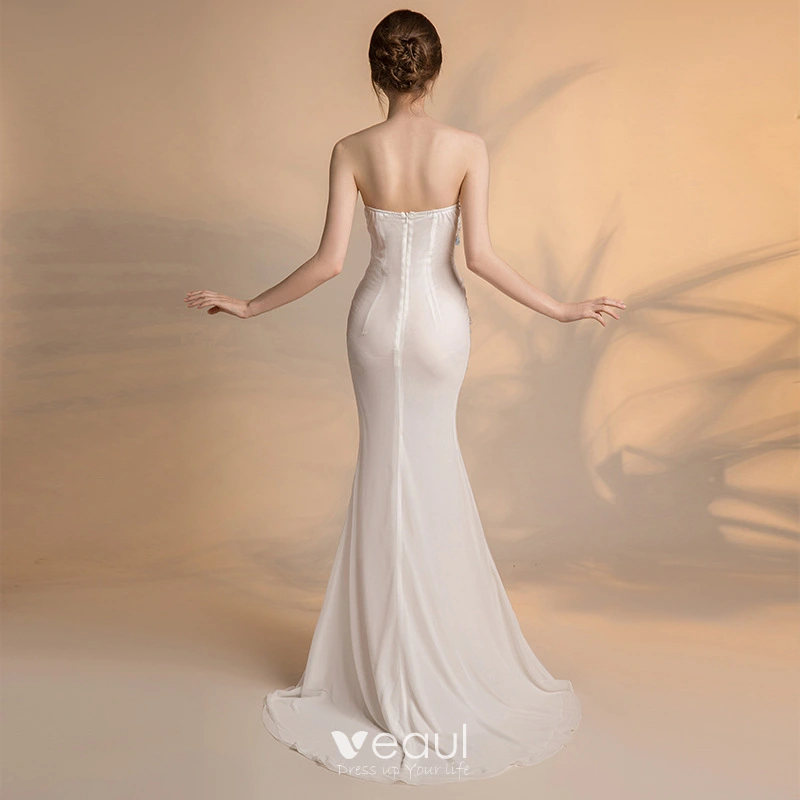 Sexy Ivory See-through Chiffon Evening Dresses 2018 Trumpet / Mermaid  Sweetheart Sleeveless Appliques Flower Pearl Beading Split Front Sweep  Train Ruffle Backless Formal Dresses