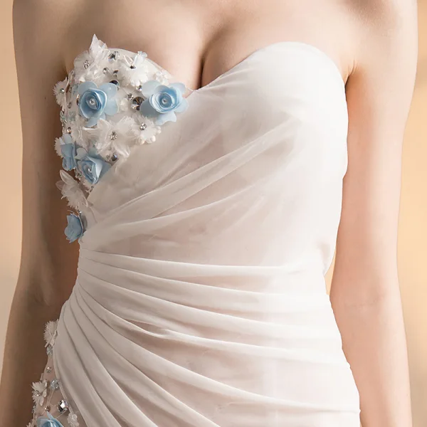 Sexy Elfenben Gjennomsiktig Chiffon Selskapskjoler 2018 Trompet / Havfrue Kjæreste Uten Ermer Appliques Blomst Perle Beading Fendue devant Feie Tog Buste Ryggløse Formelle Kjoler