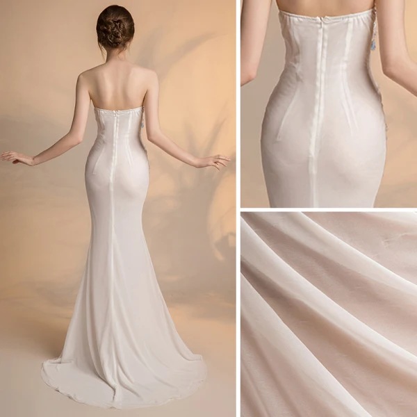Sexy Elfenben Gjennomsiktig Chiffon Selskapskjoler 2018 Trompet / Havfrue Kjæreste Uten Ermer Appliques Blomst Perle Beading Fendue devant Feie Tog Buste Ryggløse Formelle Kjoler