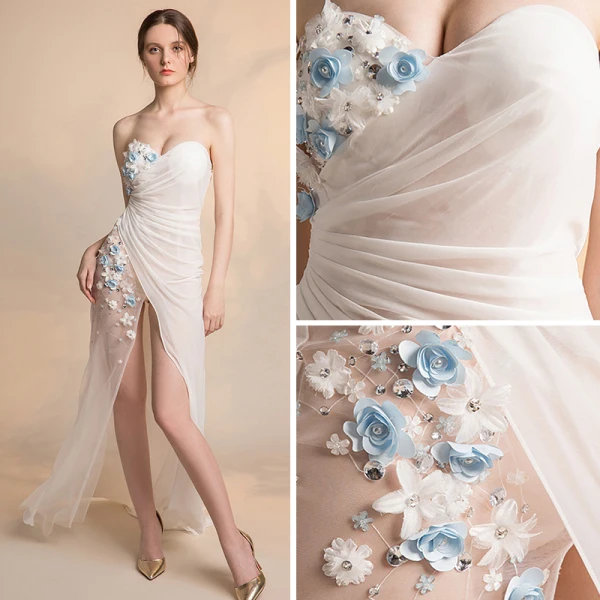 Sexy Elfenben Gjennomsiktig Chiffon Selskapskjoler 2018 Trompet / Havfrue Kjæreste Uten Ermer Appliques Blomst Perle Beading Fendue devant Feie Tog Buste Ryggløse Formelle Kjoler