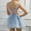 Sexy Bleu Ciel Transparentes Robe De Fete 2018 Princesse V-Cou Sans Manches Appliques En Dentelle Perlage Courte Volants Dos Nu Robe De Ceremonie