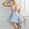 Sexy Sky Blue See-through Party Dresses 2018 A-Line / Princess V-Neck Sleeveless Appliques Lace Beading Short Ruffle Backless Formal Dresses