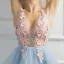 Sexy Bleu Ciel Transparentes Robe De Fete 2018 Princesse V-Cou Sans Manches Appliques En Dentelle Perlage Courte Volants Dos Nu Robe De Ceremonie