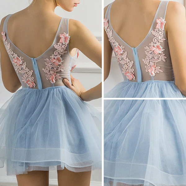 Sexy Bleu Ciel Transparentes Robe De Fete 2018 Princesse V-Cou Sans Manches Appliques En Dentelle Perlage Courte Volants Dos Nu Robe De Ceremonie