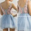 Sexy Bleu Ciel Transparentes Robe De Fete 2018 Princesse V-Cou Sans Manches Appliques En Dentelle Perlage Courte Volants Dos Nu Robe De Ceremonie