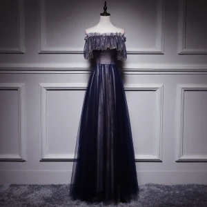 Abordable Noire Robe De Soirée 2018 Princesse De L Épaule Manches Courtes Appliques En Dentelle Perle Longue Volants Dos Nu Robe De Ceremonie