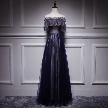 Affordable Black Evening Dresses 2018 A Line Princess Off The Shoulder Short Sleeve Appliques Lace Pearl Floor Length Long Ruffle Backless Formal Dresses