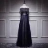 Affordable Black Evening Dresses  2018 A-Line / Princess Off-The-Shoulder Short Sleeve Appliques Lace Pearl Floor-Length / Long Ruffle Backless Formal Dresses