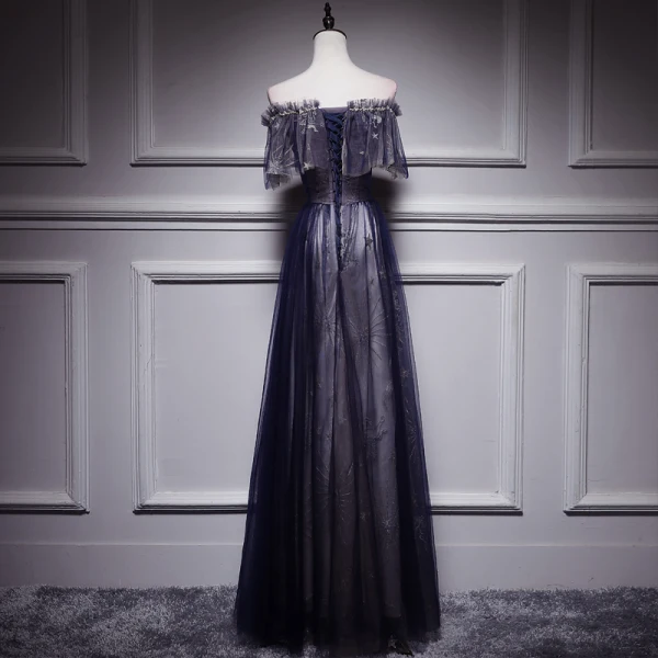Affordable Black Evening Dresses 2018 A-Line / Princess Off-The-Shoulder Short Sleeve Appliques Lace Pearl Floor-Length / Long Ruffle Backless Formal Dresses