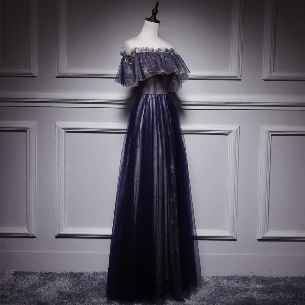 Affordable Black Evening Dresses 2018 A-Line / Princess Off-The-Shoulder Short Sleeve Appliques Lace Pearl Floor-Length / Long Ruffle Backless Formal Dresses