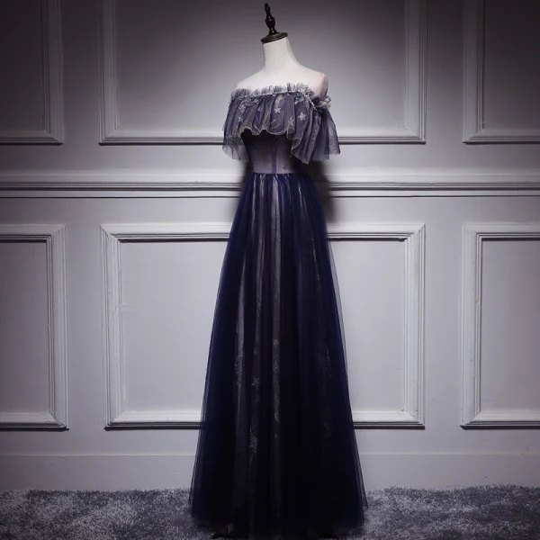 Affordable Black Evening Dresses 2018 A-Line / Princess Off-The-Shoulder Short Sleeve Appliques Lace Pearl Floor-Length / Long Ruffle Backless Formal Dresses