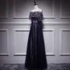 Affordable Black Evening Dresses  2018 A-Line / Princess Off-The-Shoulder Short Sleeve Appliques Lace Pearl Floor-Length / Long Ruffle Backless Formal Dresses
