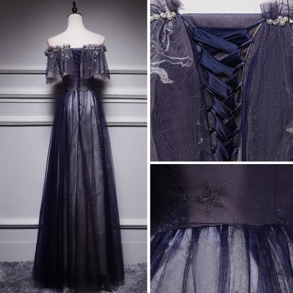 Affordable Black Evening Dresses 2018 A-Line / Princess Off-The-Shoulder Short Sleeve Appliques Lace Pearl Floor-Length / Long Ruffle Backless Formal Dresses