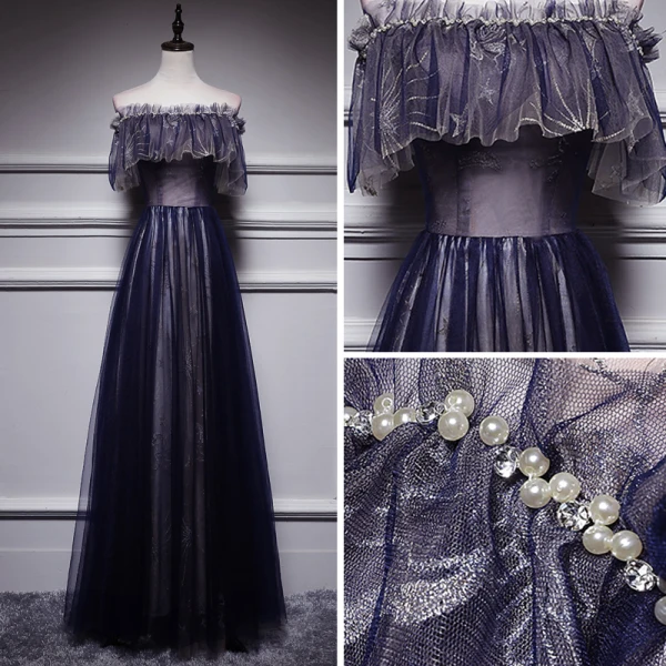 Affordable Black Evening Dresses 2018 A-Line / Princess Off-The-Shoulder Short Sleeve Appliques Lace Pearl Floor-Length / Long Ruffle Backless Formal Dresses