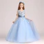 Chic / Beautiful Sky Blue Flower Girl Dresses 2017 Ball Gown V-Neck Sleeveless Appliques Flower Pearl Floor-Length / Long Ruffle Wedding Party Dresses