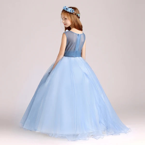 Chic / Beautiful Sky Blue Flower Girl Dresses 2017 Ball Gown V-Neck Sleeveless Appliques Flower Pearl Floor-Length / Long Ruffle Wedding Party Dresses