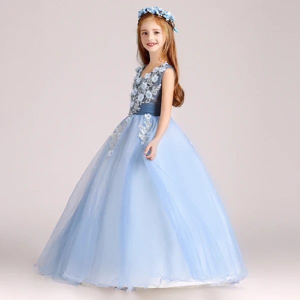 Chic / Beautiful Sky Blue Flower Girl Dresses 2017 Ball Gown V-Neck Sleeveless Appliques Flower Pearl Floor-Length / Long Ruffle Wedding Party Dresses