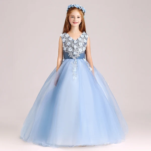 Chic / Beautiful Sky Blue Flower Girl Dresses 2017 Ball Gown V-Neck Sleeveless Appliques Flower Pearl Floor-Length / Long Ruffle Wedding Party Dresses