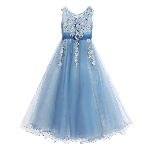 Chic / Beautiful Sky Blue Flower Girl Dresses 2017 Ball Gown V-Neck Sleeveless Appliques Flower Pearl Floor-Length / Long Ruffle Wedding Party Dresses