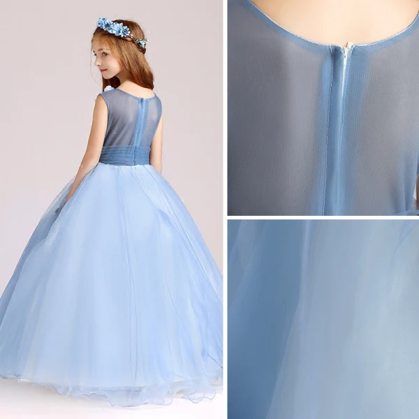 Chic / Beautiful Sky Blue Flower Girl Dresses 2017 Ball Gown V-Neck Sleeveless Appliques Flower Pearl Floor-Length / Long Ruffle Wedding Party Dresses