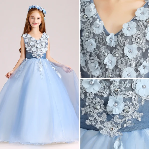 Chic / Beautiful Sky Blue Flower Girl Dresses 2017 Ball Gown V-Neck Sleeveless Appliques Flower Pearl Floor-Length / Long Ruffle Wedding Party Dresses