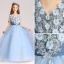 Chic / Beautiful Sky Blue Flower Girl Dresses 2017 Ball Gown V-Neck Sleeveless Appliques Flower Pearl Floor-Length / Long Ruffle Wedding Party Dresses