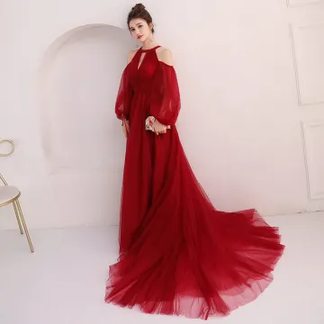Elegant Burgundy Evening Dresses 2018 A Line Princess Scoop Neck Puffy Long Sleeve Court Train Ruffle Backless Formal Dresses