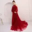 Elegant Burgundy Evening Dresses  2018 A-Line / Princess Scoop Neck Puffy Long Sleeve Court Train Ruffle Backless Formal Dresses