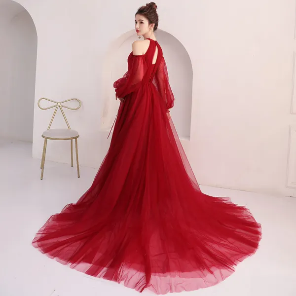 Elegant Burgundy Evening Dresses 2018 A-Line / Princess Scoop Neck Puffy Long Sleeve Court Train Ruffle Backless Formal Dresses