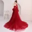 Elegant Burgundy Evening Dresses  2018 A-Line / Princess Scoop Neck Puffy Long Sleeve Court Train Ruffle Backless Formal Dresses