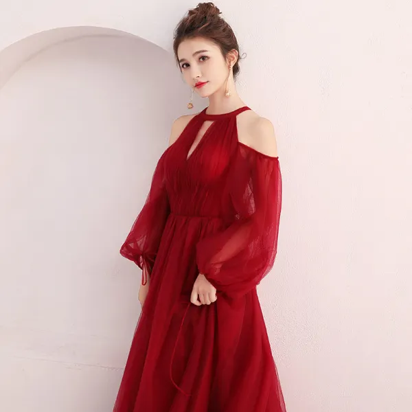 Elegant Burgundy Evening Dresses 2018 A-Line / Princess Scoop Neck Puffy Long Sleeve Court Train Ruffle Backless Formal Dresses