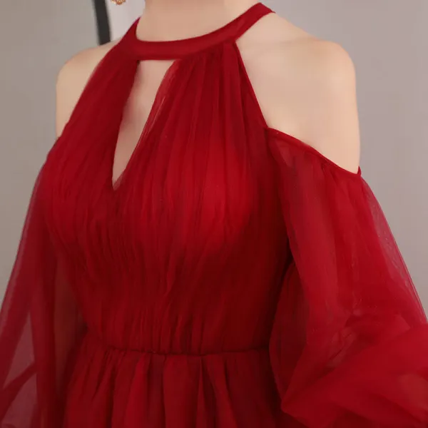 Elegant Burgundy Evening Dresses 2018 A-Line / Princess Scoop Neck Puffy Long Sleeve Court Train Ruffle Backless Formal Dresses