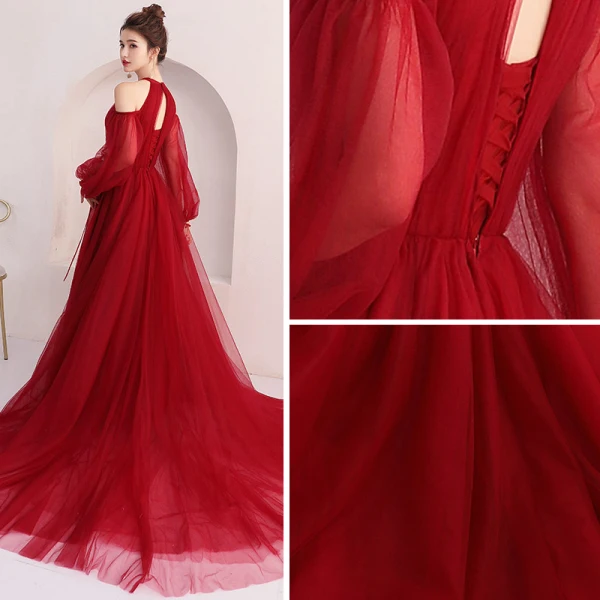 Elegant Burgundy Evening Dresses 2018 A-Line / Princess Scoop Neck Puffy Long Sleeve Court Train Ruffle Backless Formal Dresses