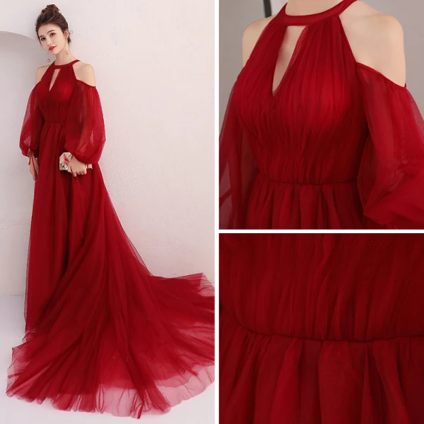 Elegant Burgundy Evening Dresses 2018 A-Line / Princess Scoop Neck Puffy Long Sleeve Court Train Ruffle Backless Formal Dresses